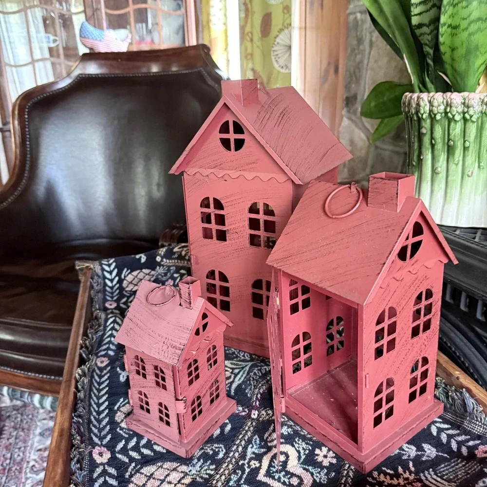 Vintage Style Metal House Lanterns Set of 3 Nesting Village Houses Terracotta